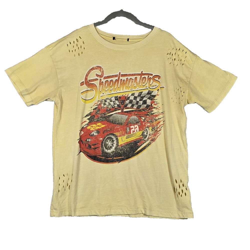 Forever 21 Distressed‎ Speedmasters Racing Graphic Tee Pale Yellow Unisex Medium
